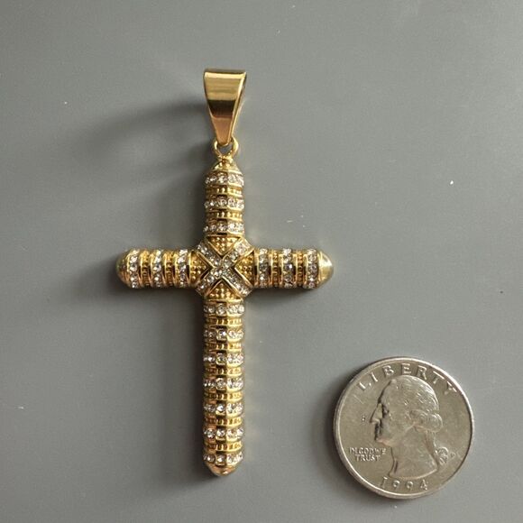 Cross Pendant Stainless Steel Cubic Zirconia 24” Chain Necklace Hip Hop Gold Men - Picture 3 of 6